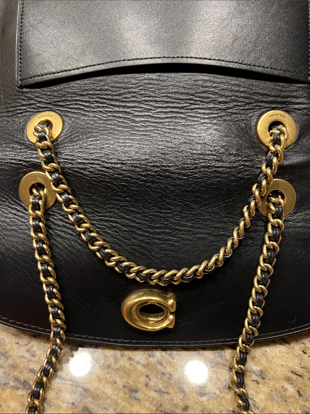 Coach Parker Black Leather Shoulder Bag with Gold Chain - Picture 2 of 11